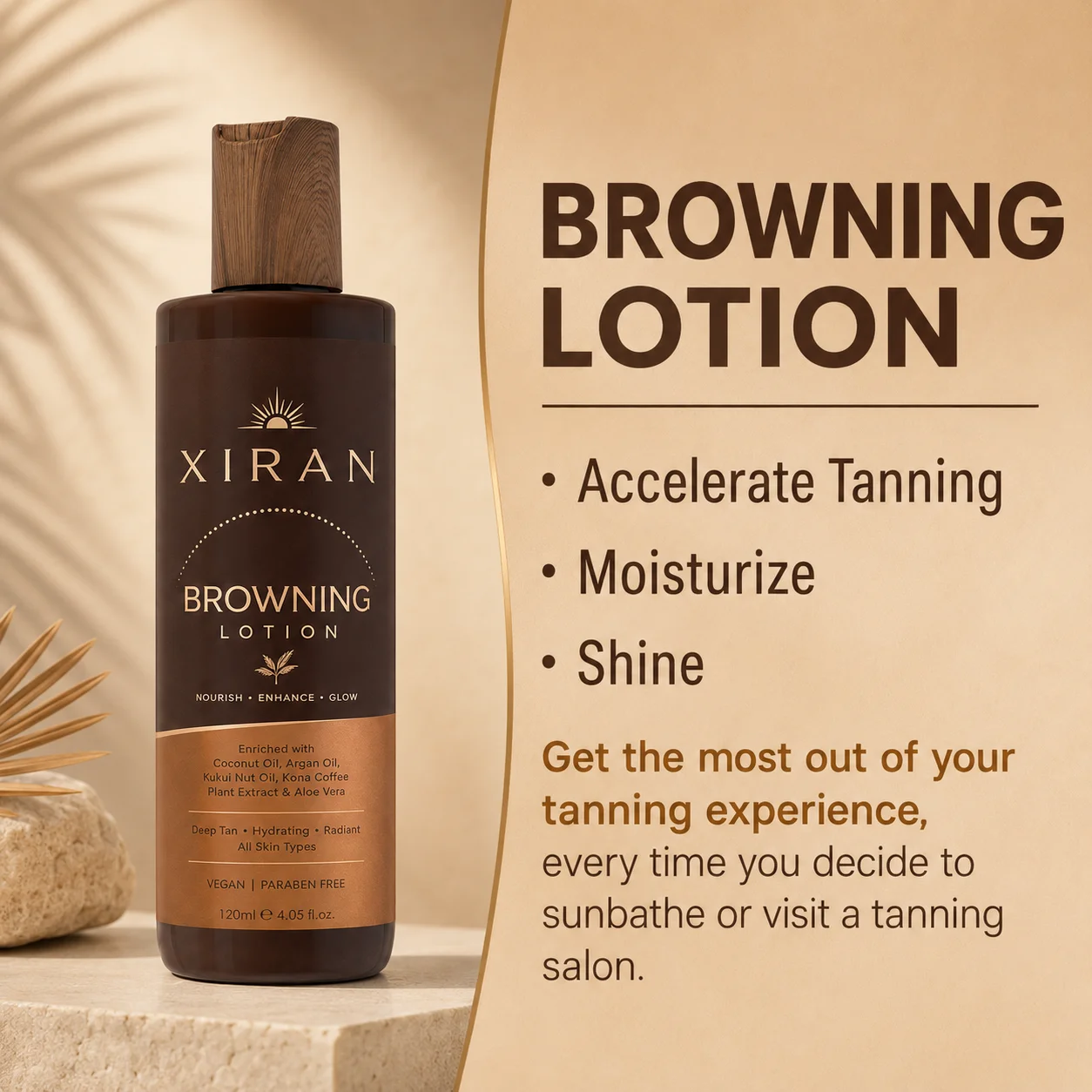 Bottle of Xiran browning lotion placed on a natural stone surface with shadows in the background. Text highlights benefits like accelerating tanning, moisturizing, and shine.